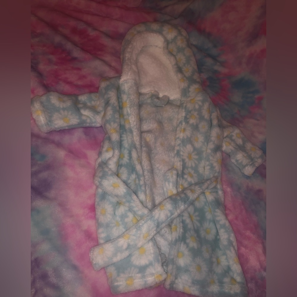 baby girl bathrobe after bath hairy light blue with flowers